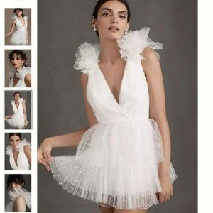 ML Monique Lhuillier Perrie Tiered Shoulder-Ruffle V-Neck Mini Dress